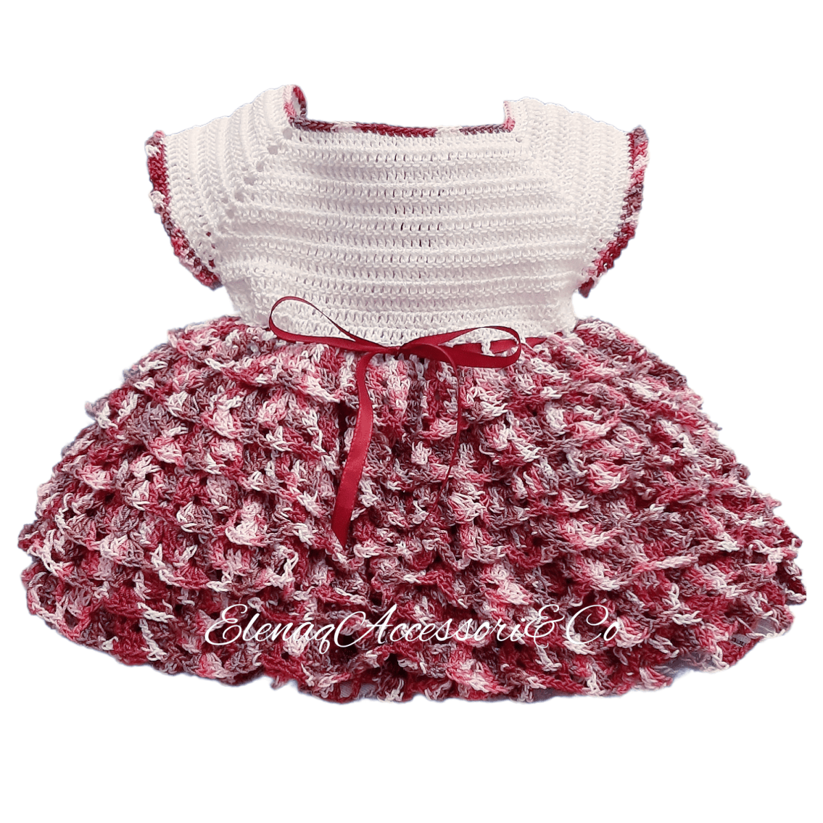 Abito vestito BonBon neonata 6 - 12 mesi cotone uncinetto Amaranto sfumato - Elenaq Accessori & Co