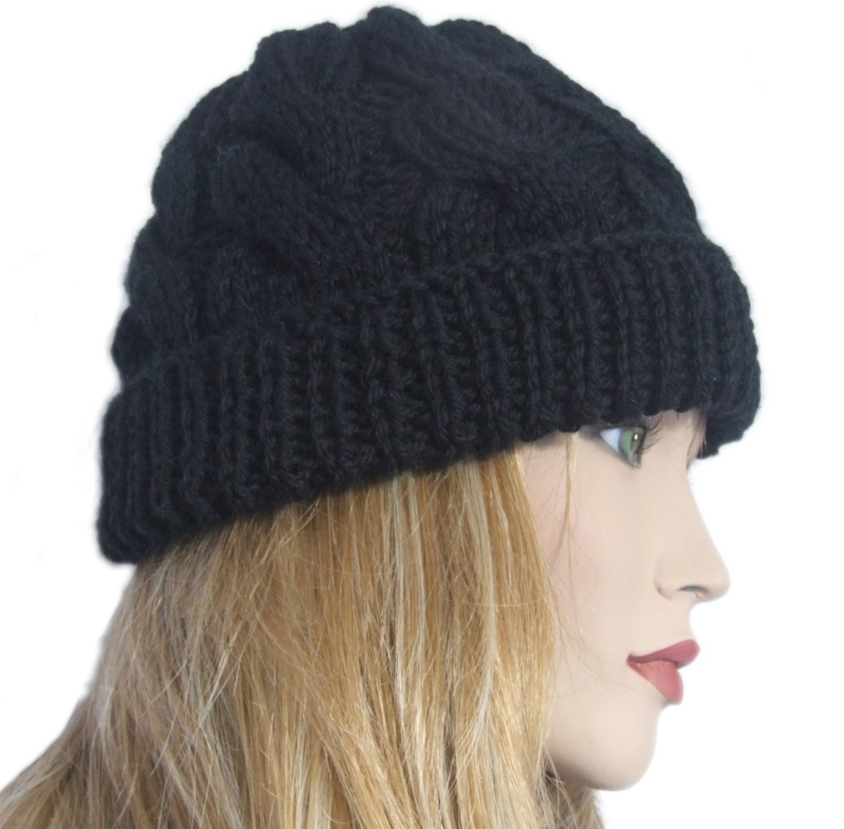 Berretto cappello donna lana Trecce con rovescia artigianale - nero - Elenaq Accessori & Co