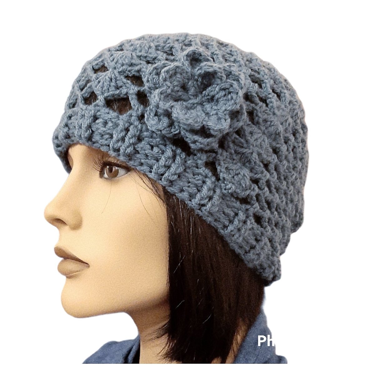 Berretto donna lana CHERIE artigianale uncinetto JEANS - Elenaq Accessori & Co