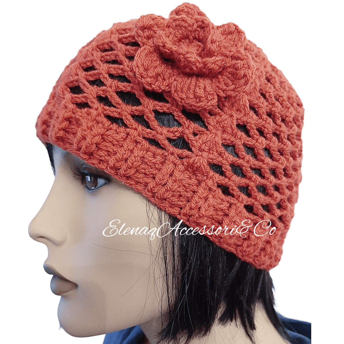 Berretto donna lana CHERIE artigianale uncinetto MATTONE - Elenaq Accessori & Co