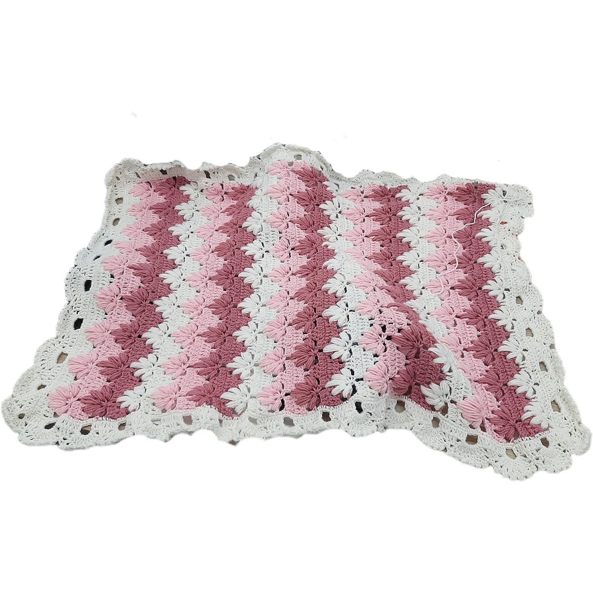 Copertina neonata lana bianco rosa realizzata a mano all'uncinetto TULIP POUFF - Elenaq Accessori & Co