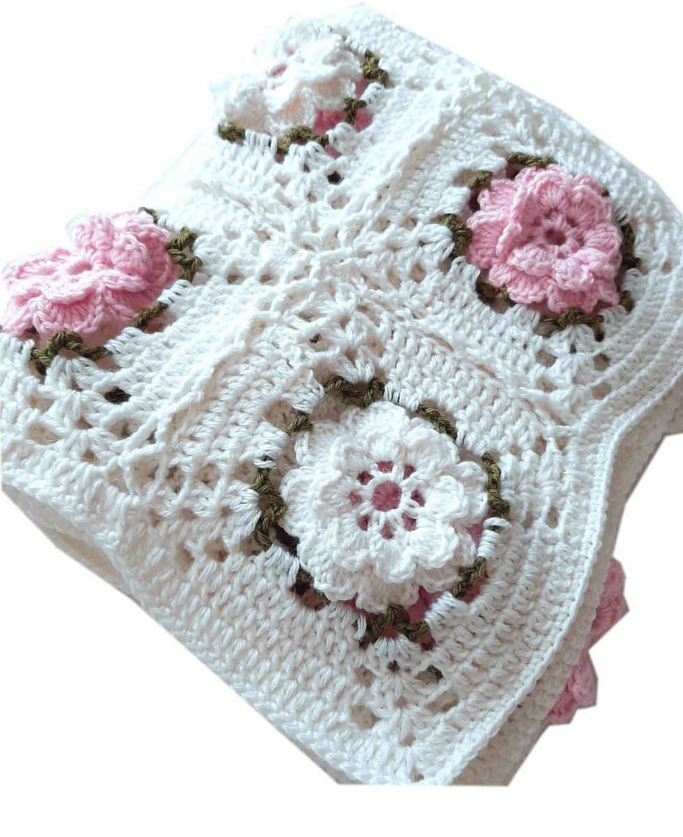 Copertina neonata lana fiori rose lana artigianale uncinetto "blooming rose" - Elenaq Accessori & Co