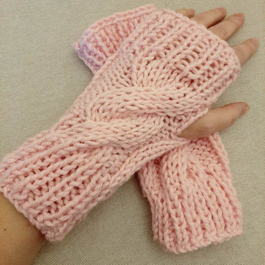 Guanti treccia scaldamani senza dita realizzati a mano a maglia Rosa - Elenaq Accessori & Co