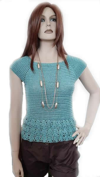 Maglia cotone e viscosa uncinetto con volants verde acqua tg S artigianale - Elenaq Accessori & Co