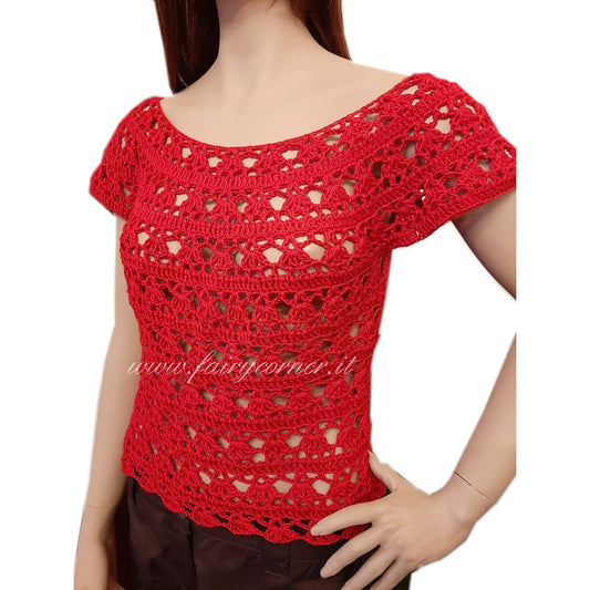 Maglia top pizzo realizzata a mano all'uncinetto in cotone rosso - Elenaq Accessori & Co