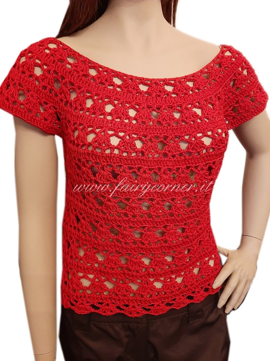 Maglia top pizzo realizzata a mano all'uncinetto in cotone rosso - Elenaq Accessori & Co