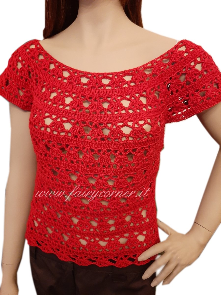 Maglia top pizzo realizzata a mano all'uncinetto in cotone rosso - Elenaq Accessori & Co