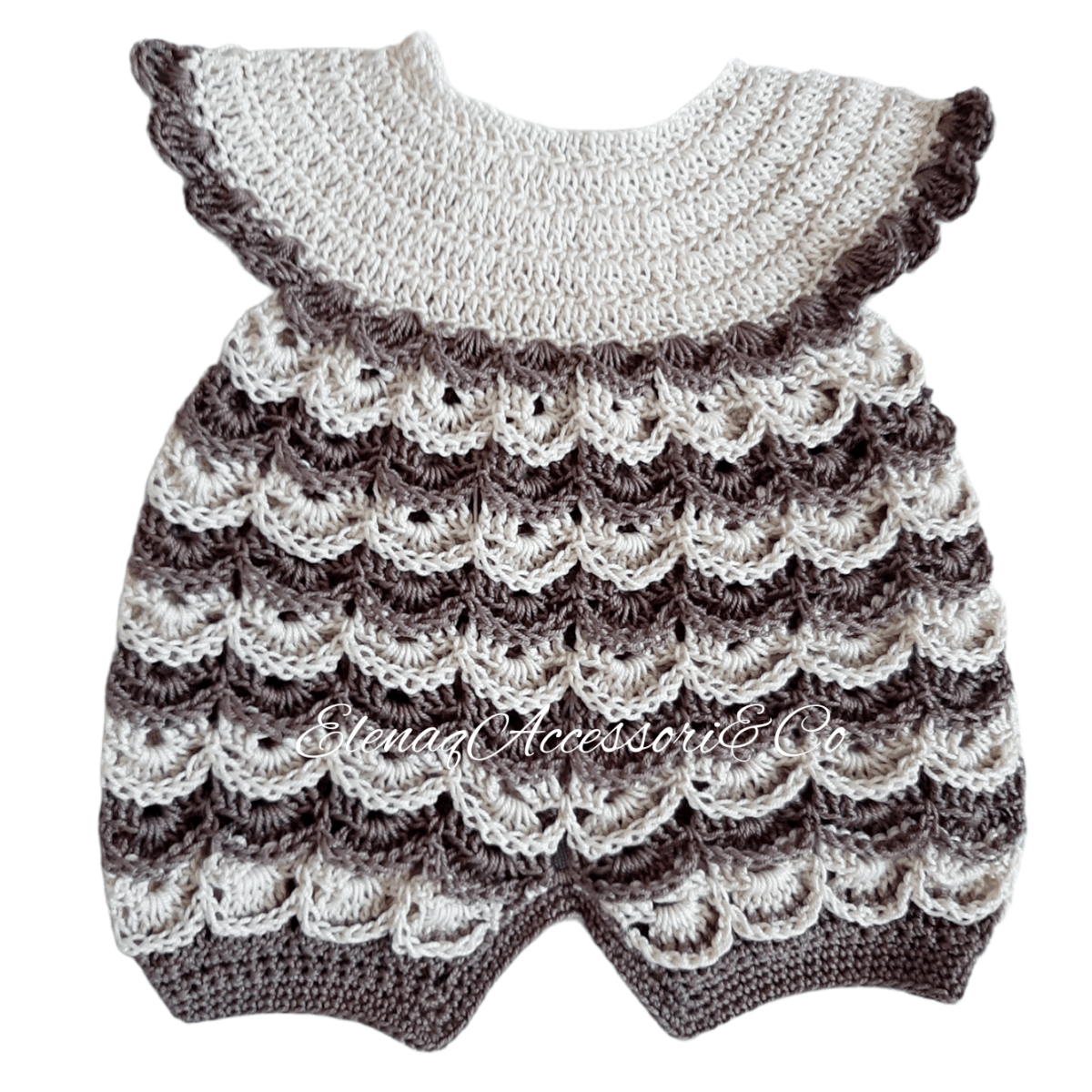 Pagliaccetto neonato cotone 100% tg 0 - 3 - artigianale uncinetto Ecrù tortora - Elenaq Accessori & Co