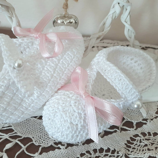 Scarpine Cotone Neonata 3 - 6 mesi colore bianco tipo bambola con fiocco rosa - Elenaq Accessori & Co