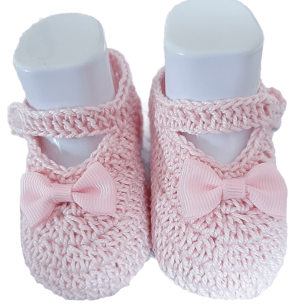 Scarpine Cotone Neonata 3 - 6 mesi colore rosa tipo bambola con fiocco - uncinetto - Elenaq Accessori & Co