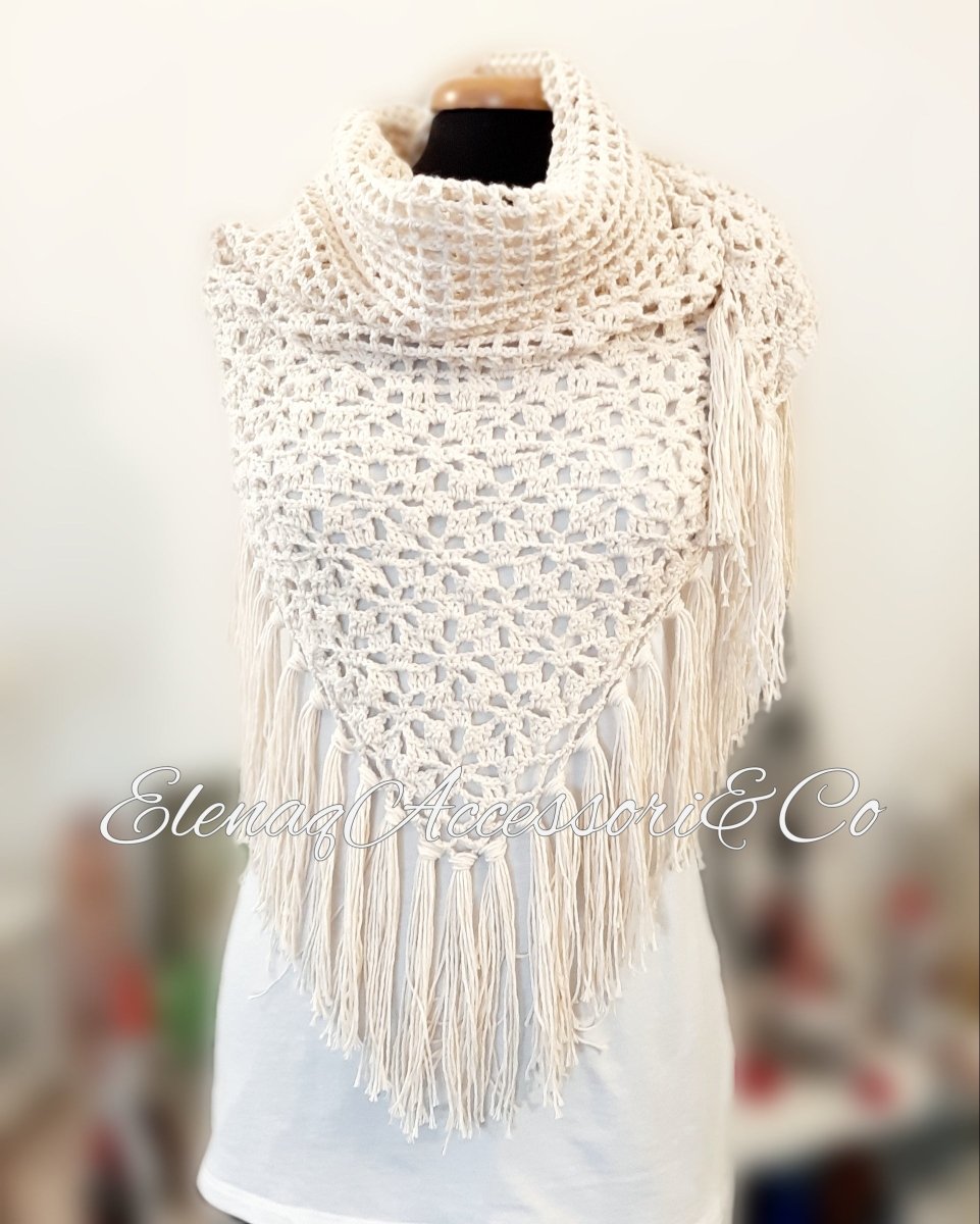 Scialle rete in cotone con frange colore naturale beige - Elenaq Accessori & Co