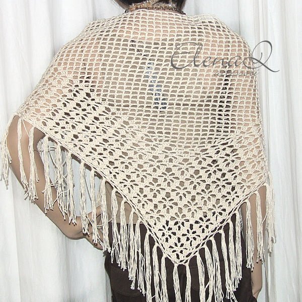 Scialle rete in cotone con frange colore naturale beige - Elenaq Accessori & Co