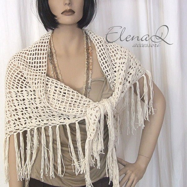 Scialle rete in cotone con frange colore naturale beige - Elenaq Accessori & Co