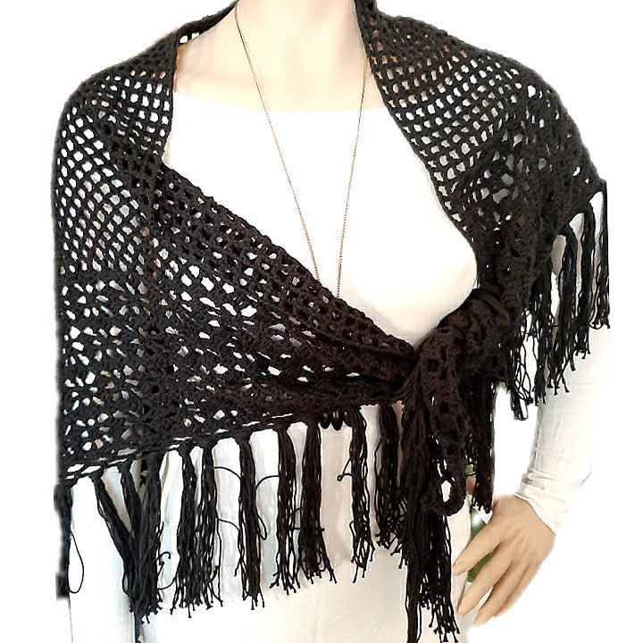 Scialle rete in cotone con frange colore nero - Elenaq Accessori & Co