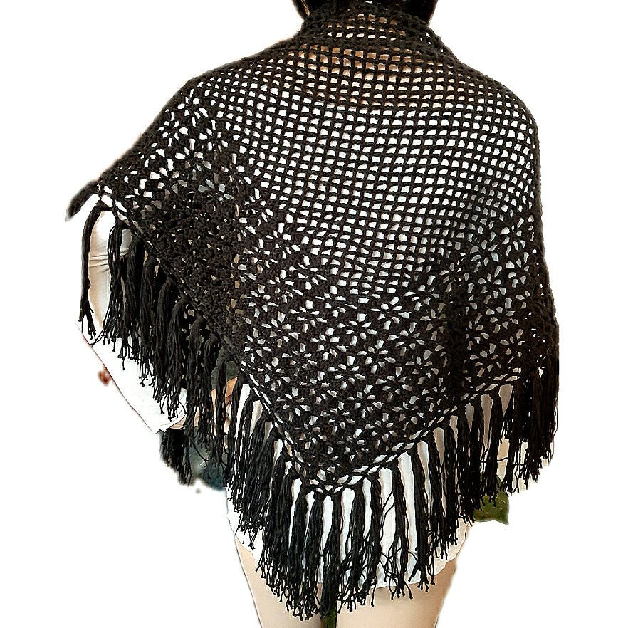 Scialle rete in cotone con frange colore nero - Elenaq Accessori & Co