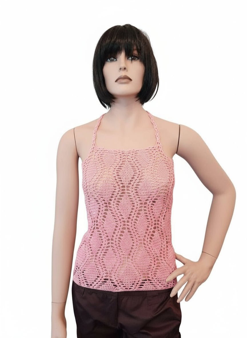 Top donna cotone all'uncinetto in pizzo Rosa Antico - Taglia S - Elenaq Accessori & Co