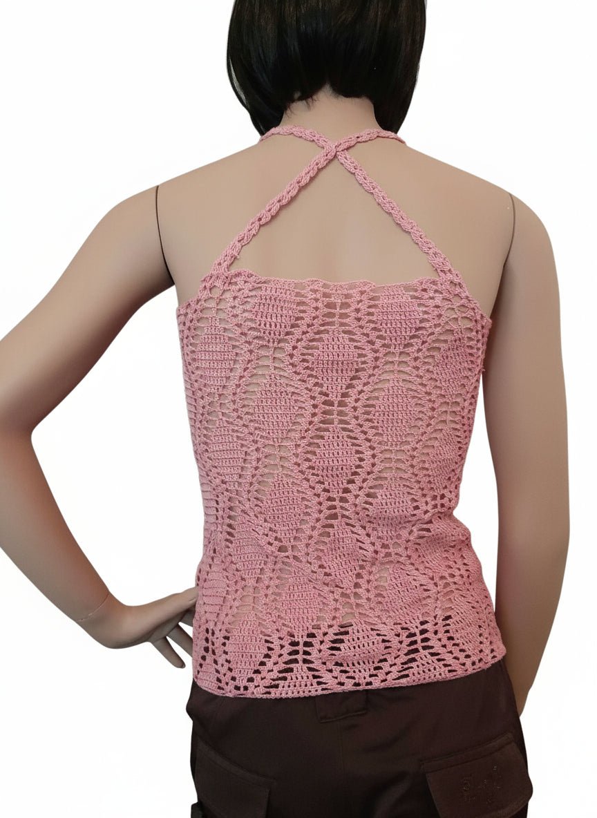 Top donna cotone all'uncinetto in pizzo Rosa Antico - Taglia S - Elenaq Accessori & Co