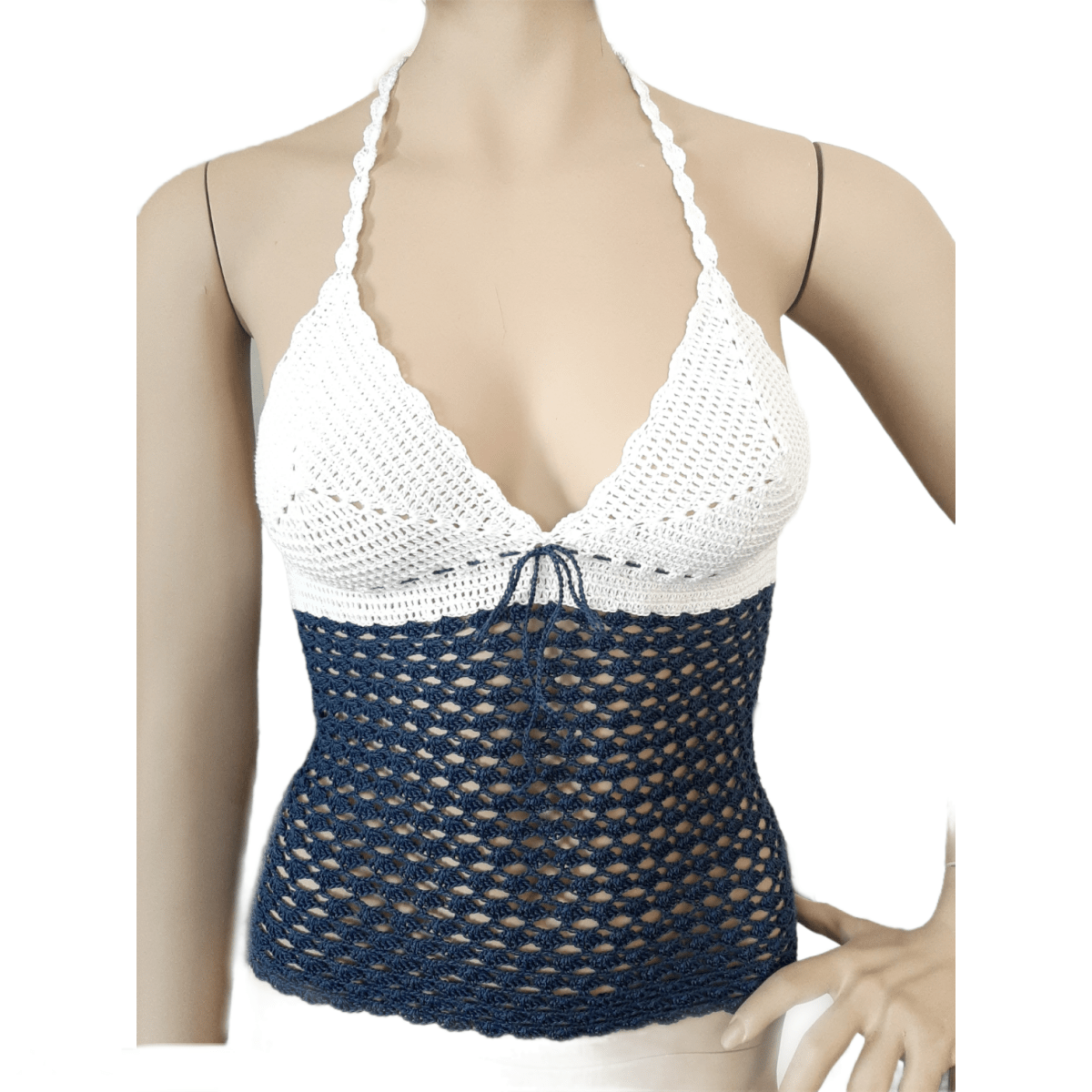 Top donna uncinetto schiena nuda 100% cotone - tg S - Blu e Bianco - Elenaq Accessori & Co