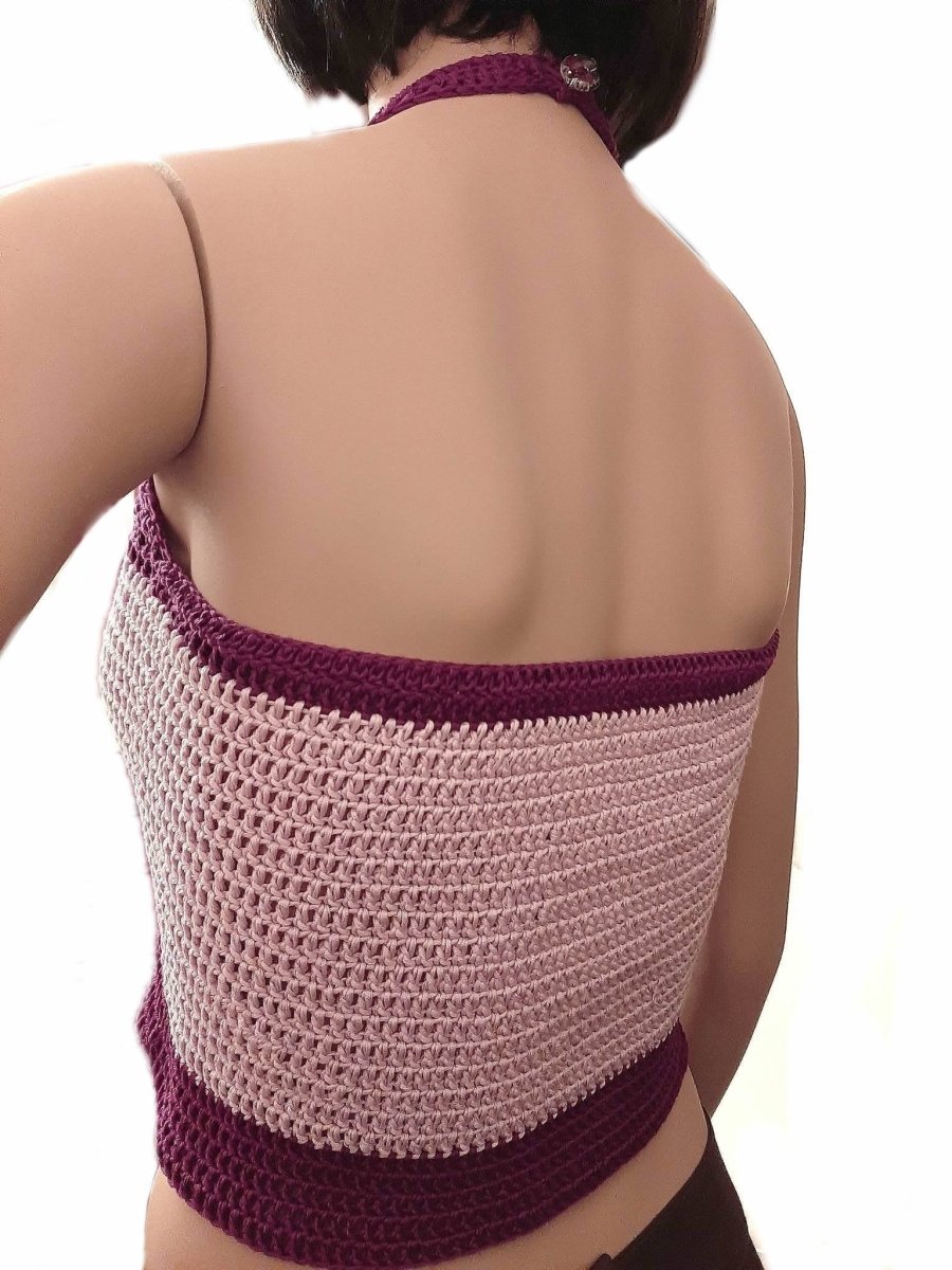 Top maglia cotone uncinetto fuxia lilla con fiori taglia S/M - Elenaq Accessori & Co